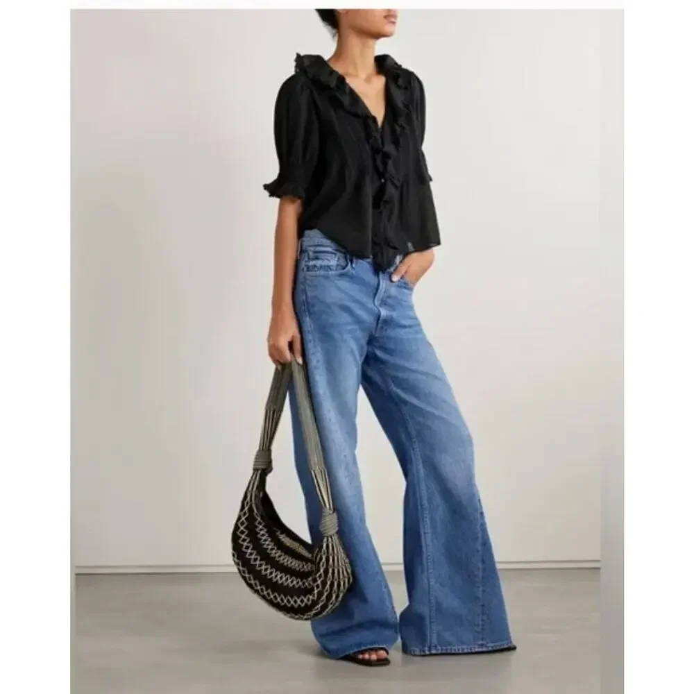 Doen Henri Black Ruffle Short Sleeve Blouse